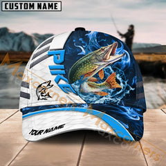 Maxcorners Pike Fishing White Blue Lava Sport American Flag Pattern Sport Pattern Personalized Name 3D Cap MT173