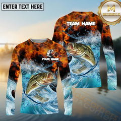 Maxcorners Bass Fishing Sea Fire Pattern Pattern Sport Jersey Personalized Name, Team Name Long Sleeve Shirt
