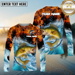 Maxcorners Walleye Fishing Sea Fire Pattern Pattern Sport Jersey Personalized Name, Team Name Long Sleeve Shirt