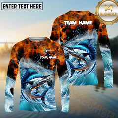 Maxcorners Marlin Fishing Sea Fire Pattern Pattern Sport Jersey Personalized Name, Team Name Long Sleeve Shirt