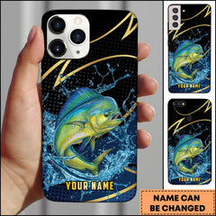 Maxcorners Mahi-mahi Fishing Phone Case Dynamic Water Splash Black Gold Line Personalized Name Phone Case