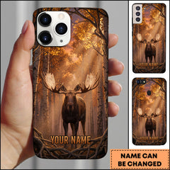 Maxcorners Artist Hunting Moose Golden Autumn Birch Forest Sunset Personalized Name Phone Case