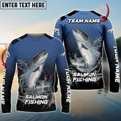 Maxcorners Salmon Fishing Navy Hexagon Pattern Personalized Name, Team Name 3D Long Sleeve Shirt