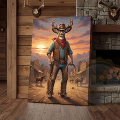 Maxcorners Cowboy Deer Standing in Sunset Western Town Wrapped Canvas