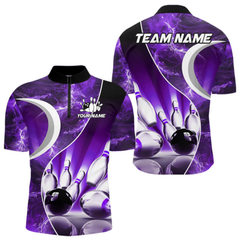 Maxcorners Purple Light Pattern Bowling Polo, Quarter Zip Shirts For Men Custom Bowling Team League Jerseys LM105