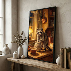Maxcorners Raccoon in Rustic Kitchen Stealing Cookies Warm Light Canvas Wall Art