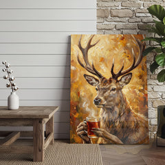Maxcorners Beer Drinking Deer Canvas Art - Autumn Palette Wildlife Humor Print