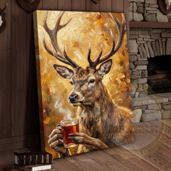 Maxcorners Beer Drinking Deer Canvas Art - Autumn Palette Wildlife Humor Print