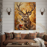 Maxcorners Beer Drinking Deer Canvas Art - Autumn Palette Wildlife Humor Print
