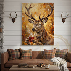 Maxcorners Beer Drinking Deer Canvas Art - Autumn Palette Wildlife Humor Print