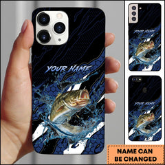 Maxcorners Bass Fishing Phone Case Hexagon Tech Pattern Blue Splash Personalized Name Phone Case