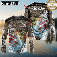 Maxcorners Bass Fishing American Flag Scratch Grass Camo Custom Name & Team Name 3D Shirts
