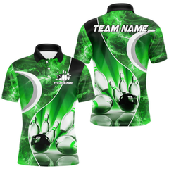Maxcorners Green Light Pattern Bowling Polo, Quarter Zip Shirts For Men Custom Bowling Team League Jerseys LM105