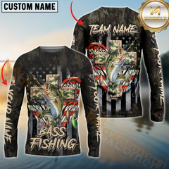 Maxcorners Bass Fishing American Flag Camo Cross Gear Sun Protection Personalized Name, Team Name Long Sleeve Shirt
