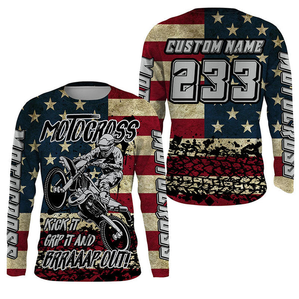 Maxcorners American Flag Personalized Motocross Jersey UPF30+ Patriotic Dirt Bike Racing Motorcycle Shirt LM2809