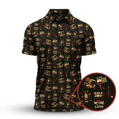 Maxcorners Wine Golf Shirt, Funny Ladies Golf Shirt, Wine And Golf Cart Pattern Polos