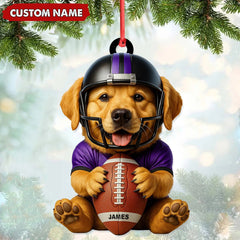 Maxcorners Personalized Football Puppy Christmas Ornament And Keychain, Custom Name Dog in Helmet Holding Ball, Cute Pet Lover Tree Decoration