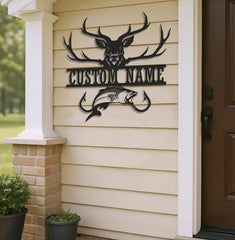 Maxcorners Personalized Deer & Fish Metal Sign WITH LED/WITHOUT LED Light Rustic Cabin Wall Decor Hunter Fisher Gift LM0110