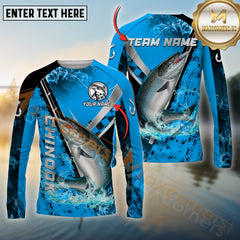 Maxcorners Chinook Fishing Blue Flame Silver Reel Pattern Jersey Personalized Name, Team Name Long Sleeve Shirt