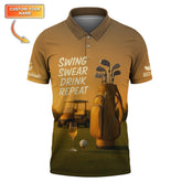Maxcorners Swing Swear Drink Repeat Golf Wine Polos, Yellow Golf Shirt, Funny Golf Shirts For Golfers