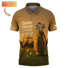 Maxcorners Swing Swear Drink Repeat Golf Wine Polos, Yellow Golf Shirt, Funny Golf Shirts For Golfers