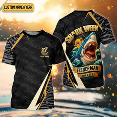 Maxcorners Shark Week Hexagon Pattern Black Fishing Shirt, SPF Shirt For Men, Men's Fishing Shirt