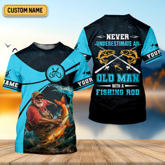 Maxcorners Never Underestimate An Old Man With A Fishing Rod Custom Name UPF Shirts, Men's Fishing Shirt
