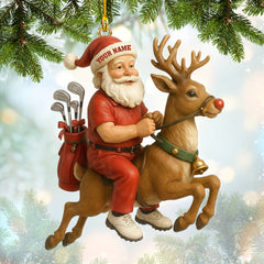 Maxcorners Red Personalized Golf Santa Ornament – Custom Name Christmas Ornament – Funny Golf Xmas Gift for Players, Santa Riding Reindeer Tree Decoration MT1611