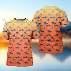 Maxcorners Swordfish Pattern Orange Fishing Shirt, Cute Fishing Outfits, SPF Shirt For Men, Men's Fishing Shirt