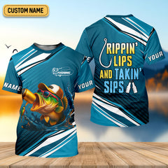 Maxcorners Rippin' Lips & Takin' Sips Fishing SPF Shirt For Men, Gift For Fisherman, Fishing Shirts For Men