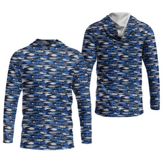 Maxcorners Blue Fish Pattern Performance Fishing Shirts, SPF Shirt For Men, Hooded Fishing Shirt, Fishing Shirts For Men