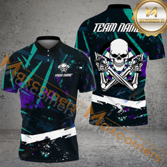 Maxcorners Darts Skull Racing Style Mutilcolor Options Personalized Name, Team Name 3D Polo Shirt
