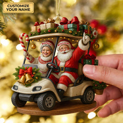 Maxcorners Happy Santa Old Couple On Golf Cart Acrylic Ornaments, Christmas Couple Ornament, Xmas Decorations