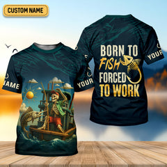 Maxcorners Born To Fish Forced To Work Funny Skeleton Fishing UPF Shirts, Presents For Fishermen, Men's Fishing Shirt