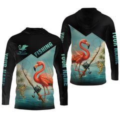 Maxcorners Flamingo Fishing, Hooded UPF Shirt, Funny Fishing Shirt, Men Jersey, Presents For Fishermen