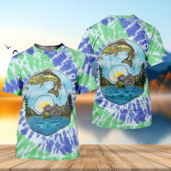 Maxcorners Bear Fishing Green And Purple Cool Tie Dye Patterns Fishing UPF Shirts, Fishing Gifts For Men, Men's Fishing Shirt