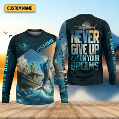Maxcorners Never Give Up On Your Dreams Funny Skeleton Fishing UPF Shirts, Fishing Gifts For Men, Men's Fishing Shirt