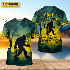 Maxcorners Gone Squatchin And Catching Yellow Forest Bigfoot Fishing UPF Shirts, Funny Fishing Shirt, Fishing Gifts For Men