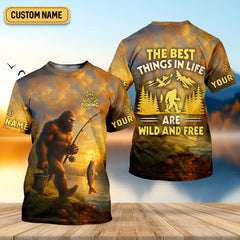 Maxcorners The Best Things In Life Are Wild And Free Bigfoot Sunset Funny Fishing Shirt, SPF Shirt For Men
