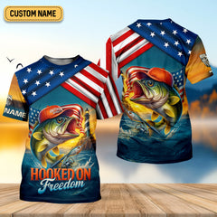 Maxcorners Hooked On Freedom Patriotic Fishing Shirt, Largemouth Bass Fishing SPF Shirt For Men, Men's Fishing Shirt