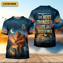 Maxcorners The Best Things In Life Are Wild And Free Funny Bigfoot Fishing SPF Shirt For Men, Gift For Fisherman