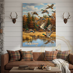 Maxcorners Flying Ducks Autumn Lake Personalized Name Canvas