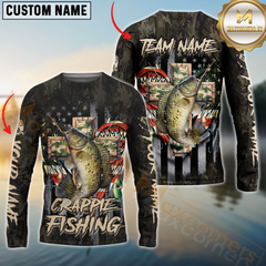 Maxcorners Crappie Fishing American Flag Camo Cross Gear Sun Protection Personalized Name, Team Name Long Sleeve Shirt