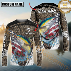 Maxcorners Tuna Fishing American Flag Scratch Grass Camo Custom Name & Team Name 3D Shirts