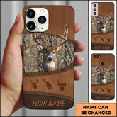 Maxcorners Artist Hunting - Deer In Woods Leather Look Brown Personalized Name Phone Case