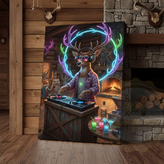 Maxcorners Deer DJ Party in Cabin Bar with Neon Antlers and Colorful Lights Wrapped Canvas Wall Art
