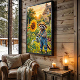 Maxcorners Raccoon Watering Sunflower in Cozy Cottage Garden Farmhouse Canvas Wall Art