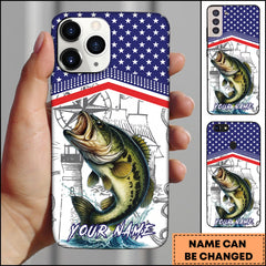 Maxcorners Bass Fishing American Flag Nautical Sketch Style Personalized Name Phone Case