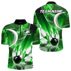 Maxcorners Green Light Pattern Bowling Polo, Quarter Zip Shirts For Men Custom Bowling Team League Jerseys LM105