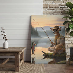 Maxcorners Deer Fisherman Catching Big Trout at Misty Lake Sunrise Wrapped Canvas Wall Art